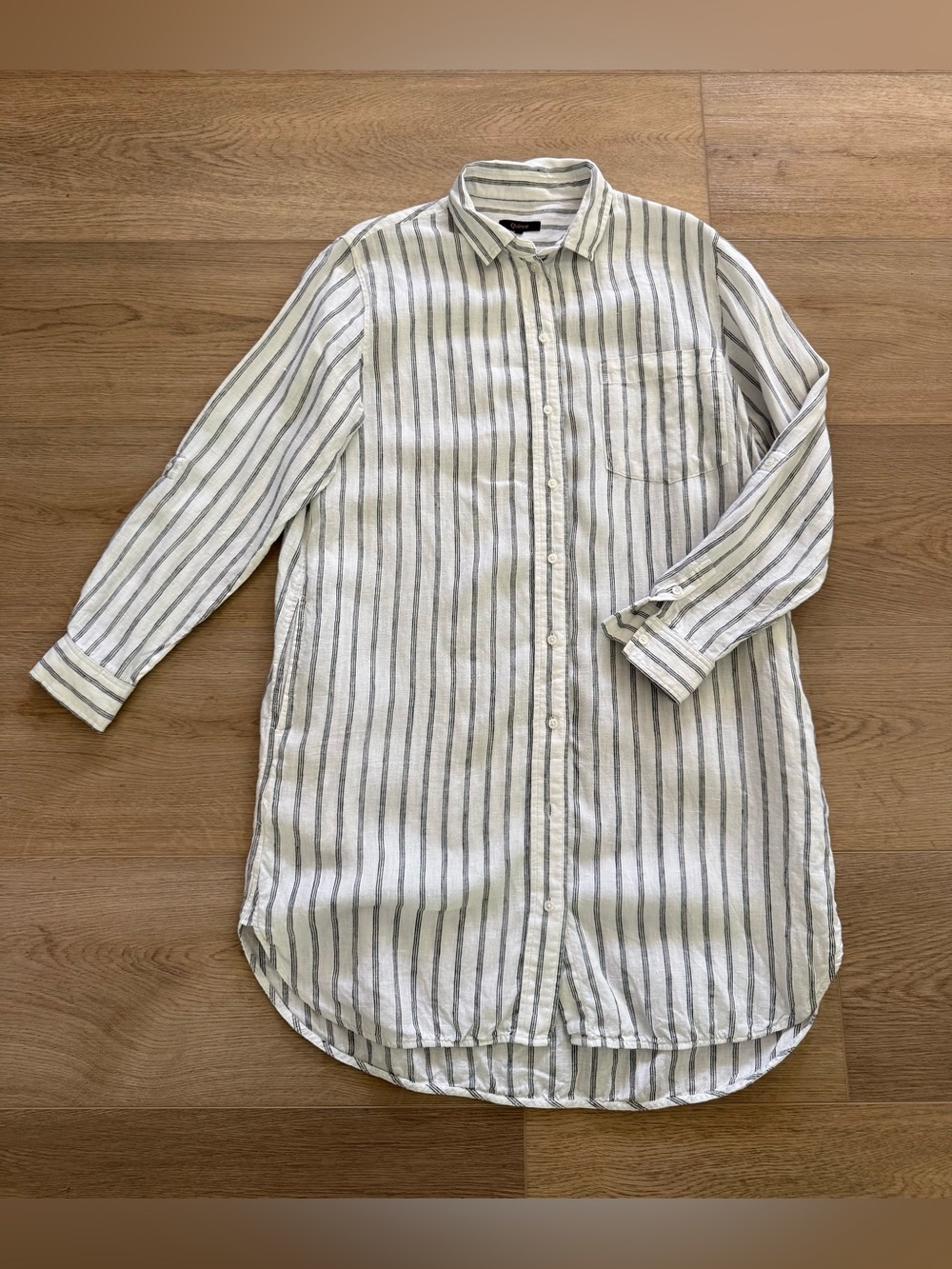 Quince European Linen Striped Shirt Dress Small Oatmeal Black